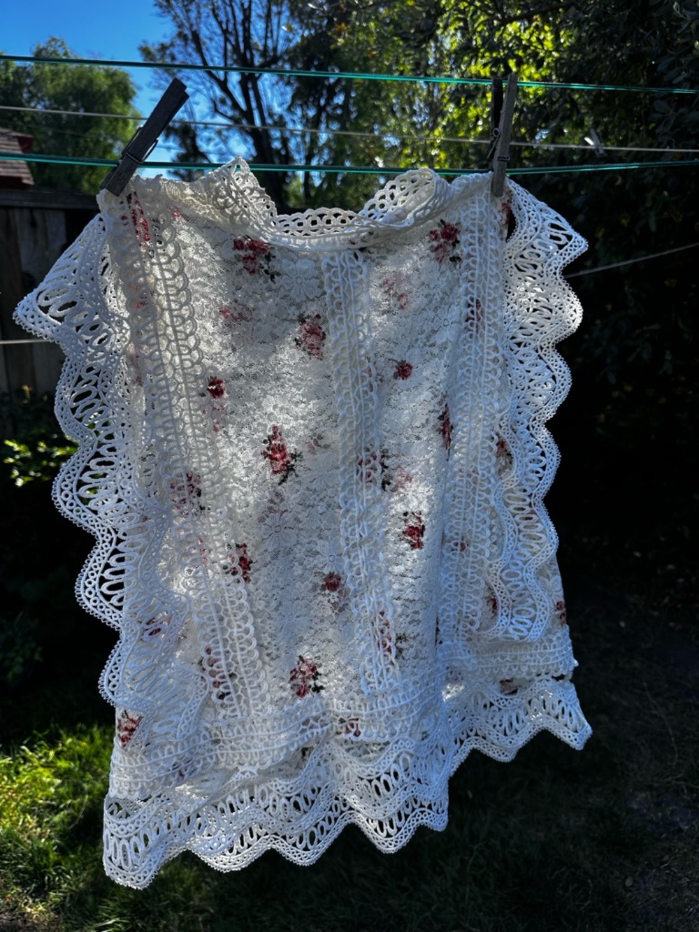 Women's White Lace Floral Blouse with Red Rose Accents
